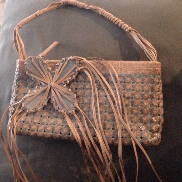 Woven Rattan Type Small Bag with Fringe - Picture 1 of 4